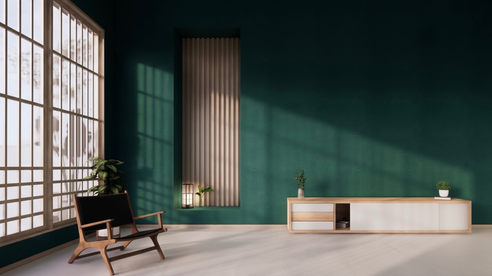 Ambiente com painel de madeira, nicho iluminado e poltrona sob medida